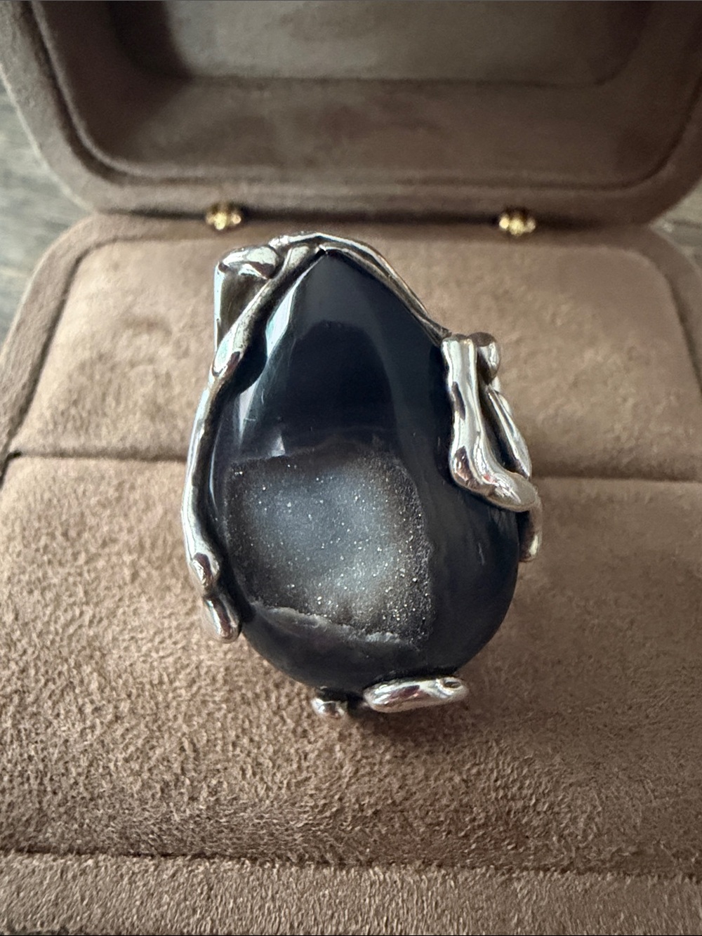 Sterling Silver Black Druzy Teardrop Statement Ring